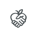 stylized icon of shaking hands in the shape of a heart and apple