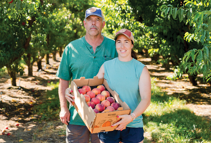 a farmer and his daughter holding a box of fresh peaches in an orchard.