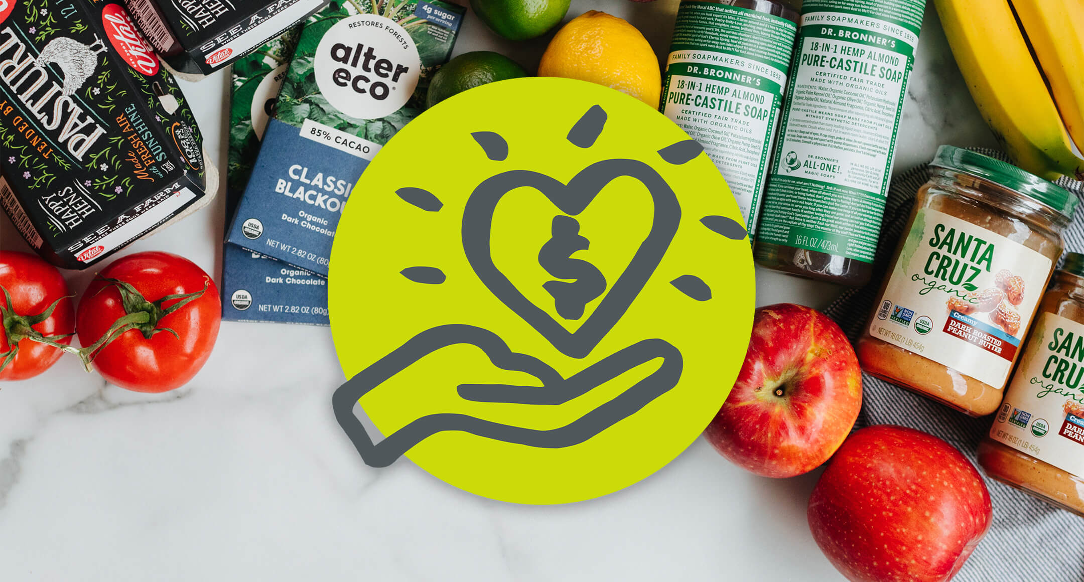 Rewards gifting illustrated icon of a hand holding a heart overlayed on an image of a variety of grocery items