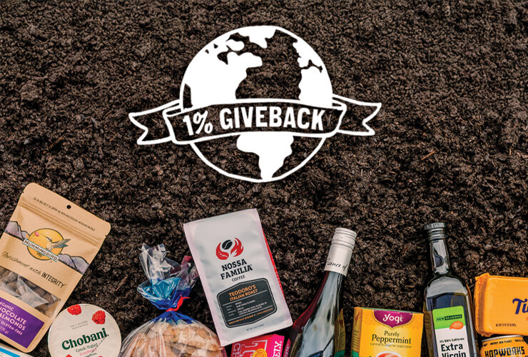 Soil with products from participating brands arranged at the bottom with the 1% Giveback logo above