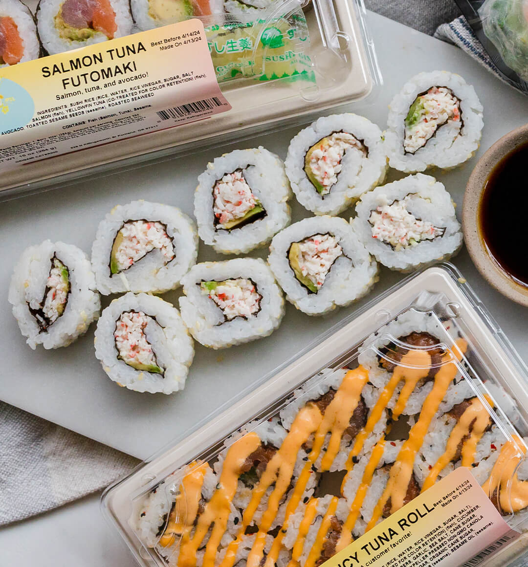 Packaged fresh sushi from Origami Catering.