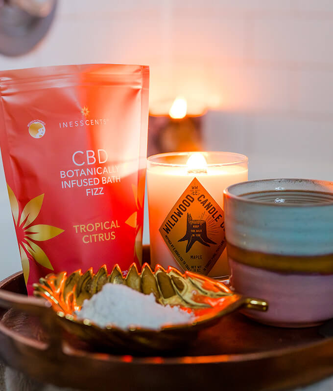 self care items like bath salts and candles on display