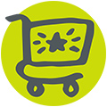 Illustrated icon of a grocery cart with a star and wheels.