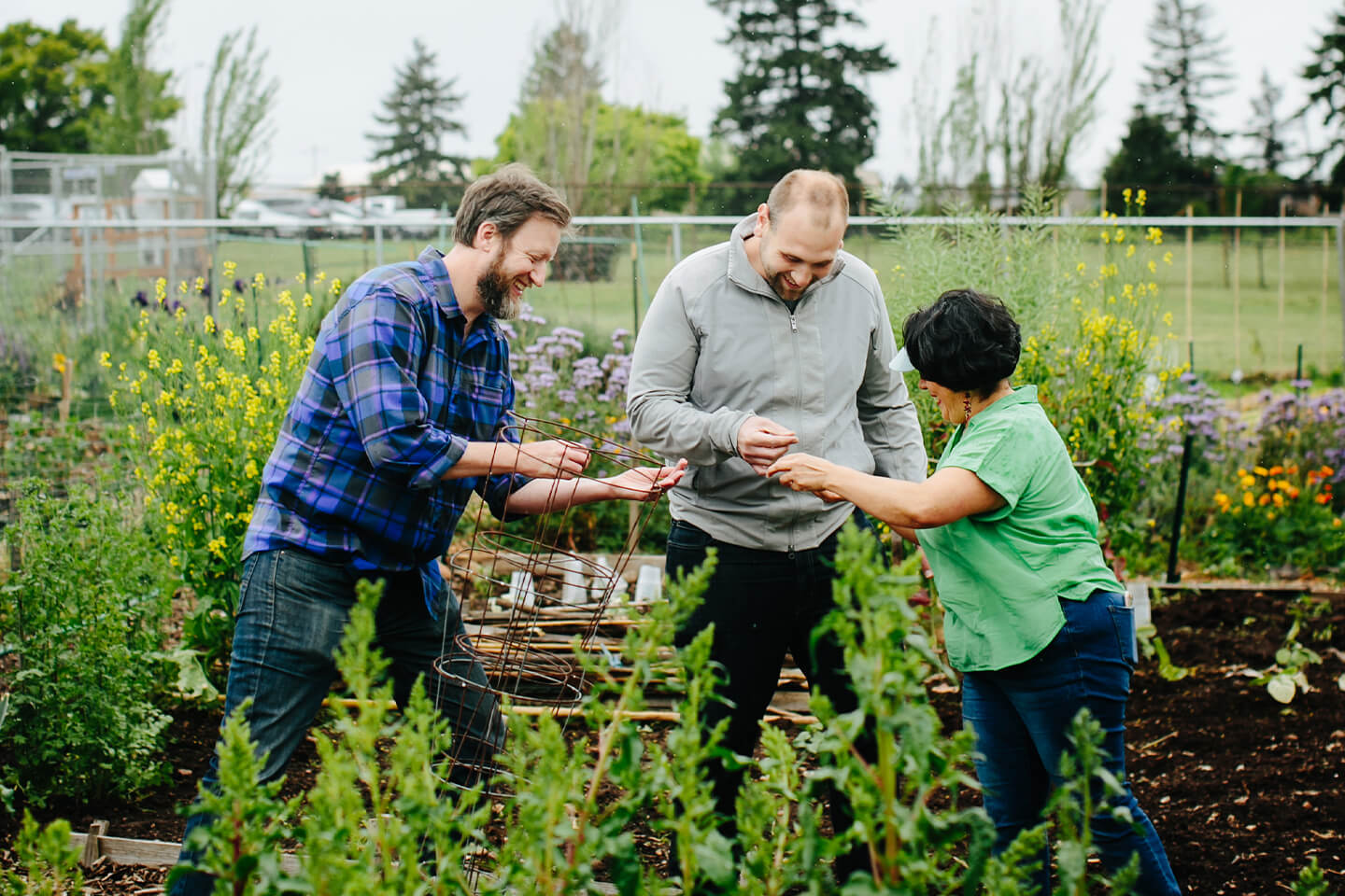 A garden setting with three team members from Growing Gardens. 