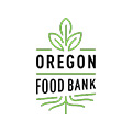 Oregon Food Bank logo has black text with a green background of a growing plant with roots