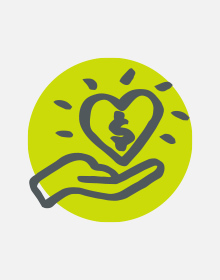 Illustrated icon with a hand holding a heart with a dollar symbol in it