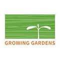 Growing Gardens logo shows a growing plant sprout against a green background with orange text